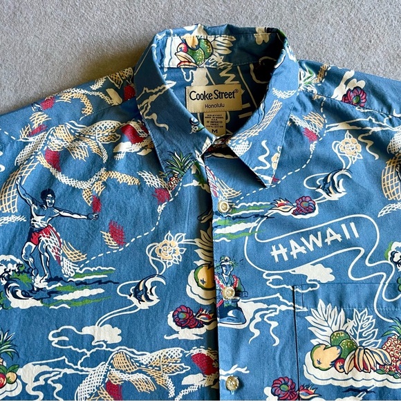 Cooke Street Men’s Hawaiian Blue Fish Island Fruit Pattern Size Medium Cotton - Picture 2 of 6